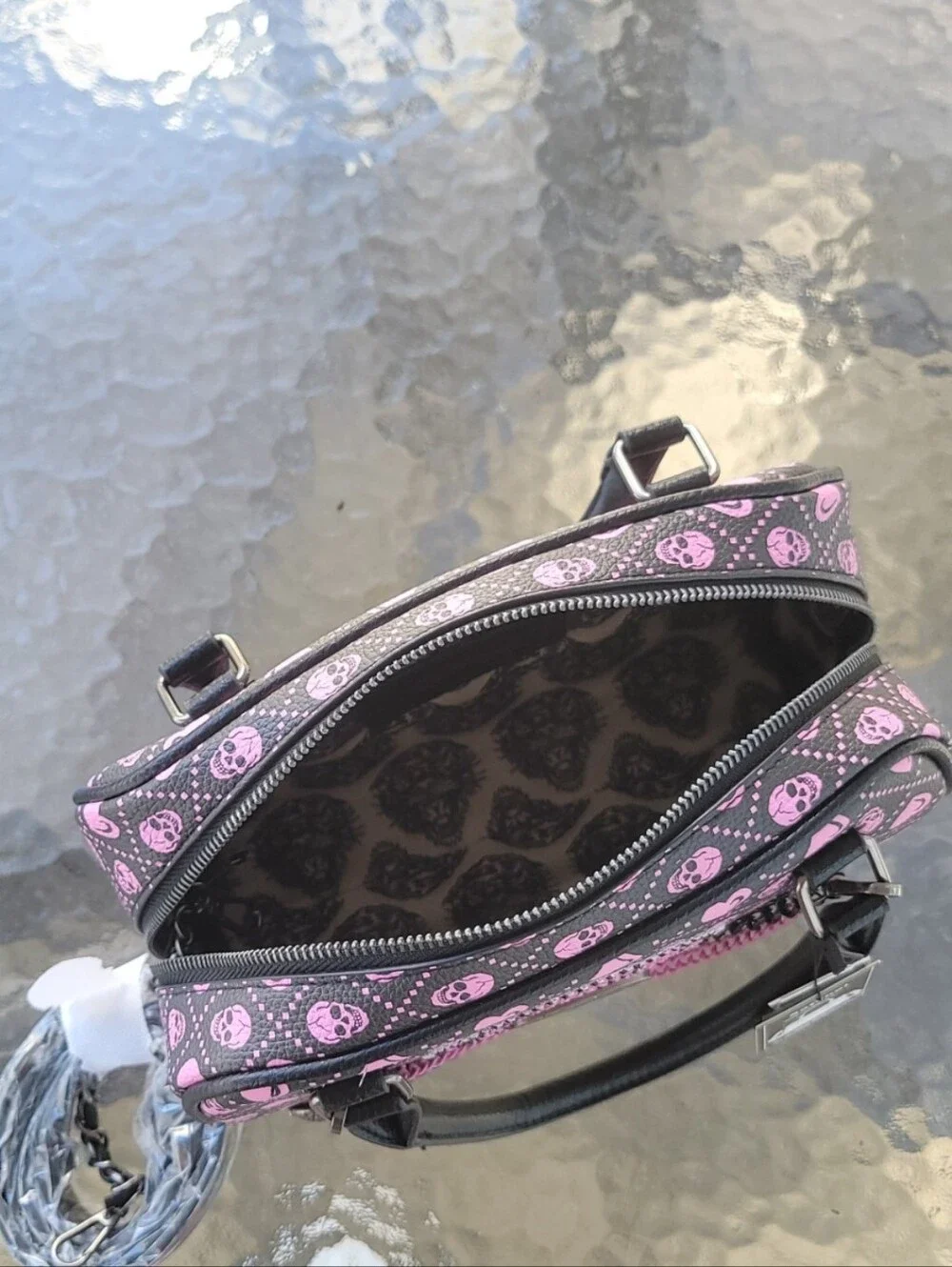 Ed Hardy Black and Pink Skull Satchel with Heart Charm